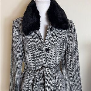 Ann Taylor Loft Herringbone Wool Coat Black Faux Fur 12 NWT